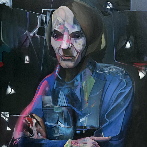 Peter Klitta: „Michel Houellebecq“, 130x100cm, Öl auf LW, Zwischenstand, 2020 (Ausschnitt)